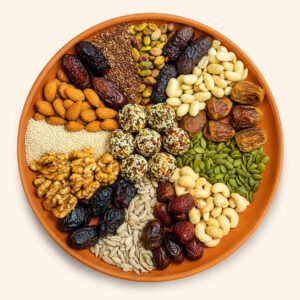 Assorted dried fruits and seeds on a terracotta platter, showcasing Shudhik Premium Biotin Laddu super food ingredients.
