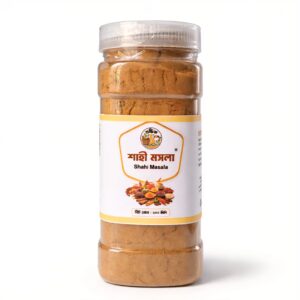 Shudhik Khati Shahi Masala container showing premium Shahi Garam Masala spices in a clear jar.