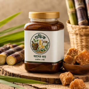 Shudhik premium Akher Dana Gur sugarcane jaggery block with golden brown color and textured surface.