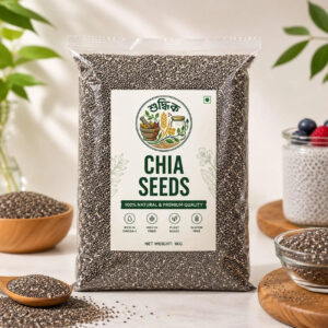 Shudhik premium chia seeds in a clear jar, showing small black and white chia seeds, fresh and healthy for cooking or smoothies.
