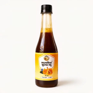 Pure Black Seed Honey from Shudhik, raw honey made from kalojira flowers, 500g jar with dark, thick honey inside.